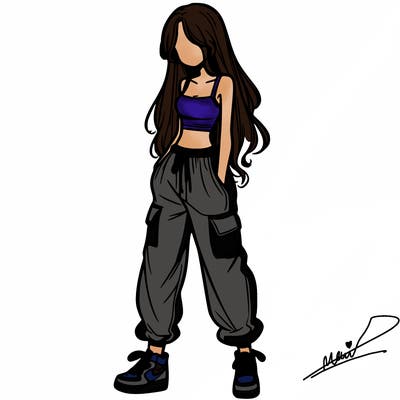 girl in baggy pants crop top and long hair