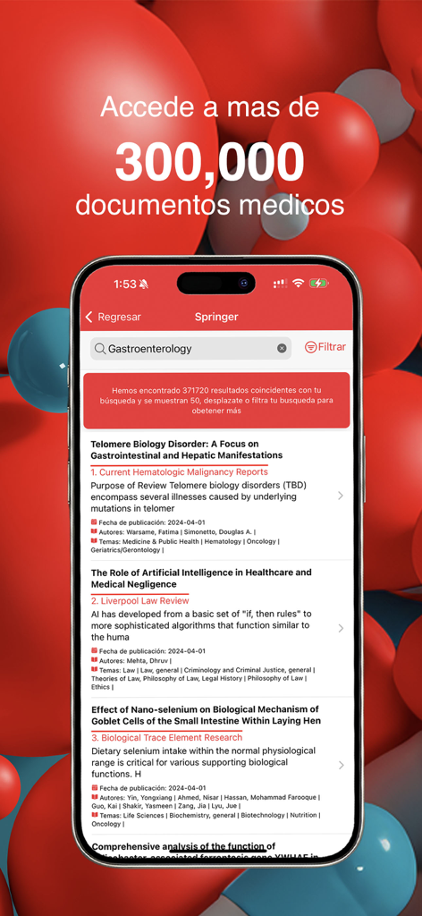 Interfaz de la aplicación Sanfer Conecta que muestra resultados de búsqueda de artículos y documentos médicos.