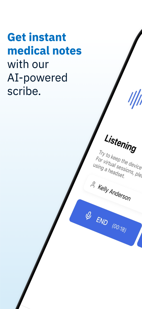 Twofold AI medical scribe app interface showing the active listening feature for generating clinical notes.