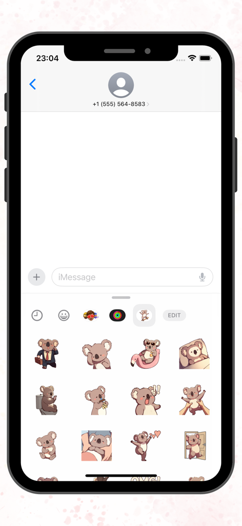 iPhone screen showing a variety of cute cartoon koala stickers in the iMessage app interface