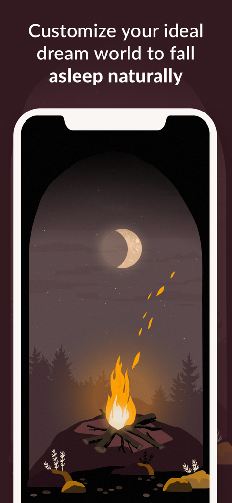 Wild Journey - Nature Sounds - Una fogata ilustrada por la noche bajo una luna creciente en un bosque.