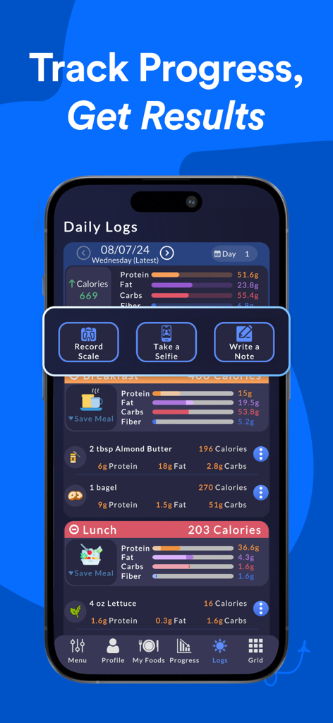 Stupid Simple Macro Tracker app interface showing daily food logs and macro progress bars.