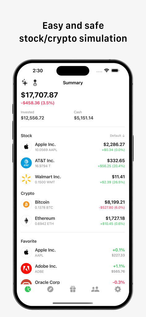 Vestin - Investment Simulator - Vestin investment simulator app summary screen showing a mock portfolio of stocks and cryptocurrencies
