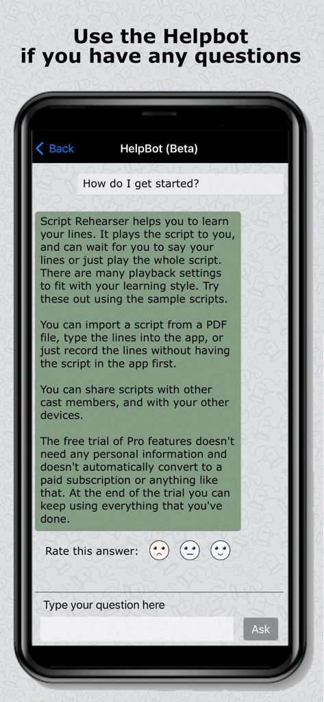 A screenshot of the HelpBot feature in Script Rehearser showing a support chat conversation