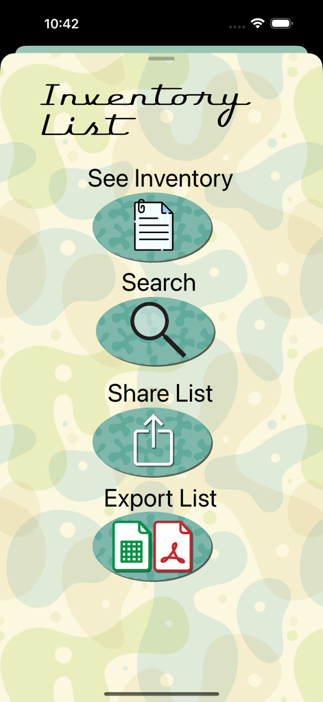 Visual Freezer Inventory - Menú principal de la aplicación Visual Freezer Inventory mostrando opciones para compartir búsquedas y exportar listas de inventario.