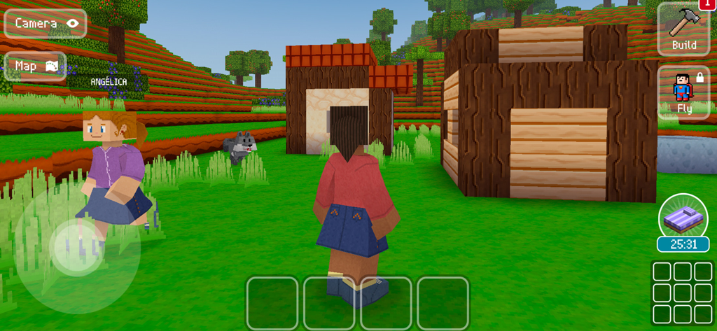 Characters walking through a custom-built voxel village in Block Craft 3D