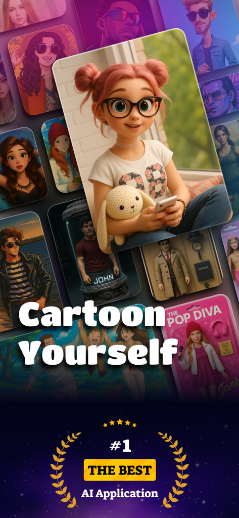 A collage showing various AI-generated cartoon portraits and action figure styles with the text Cartoon Yourself.