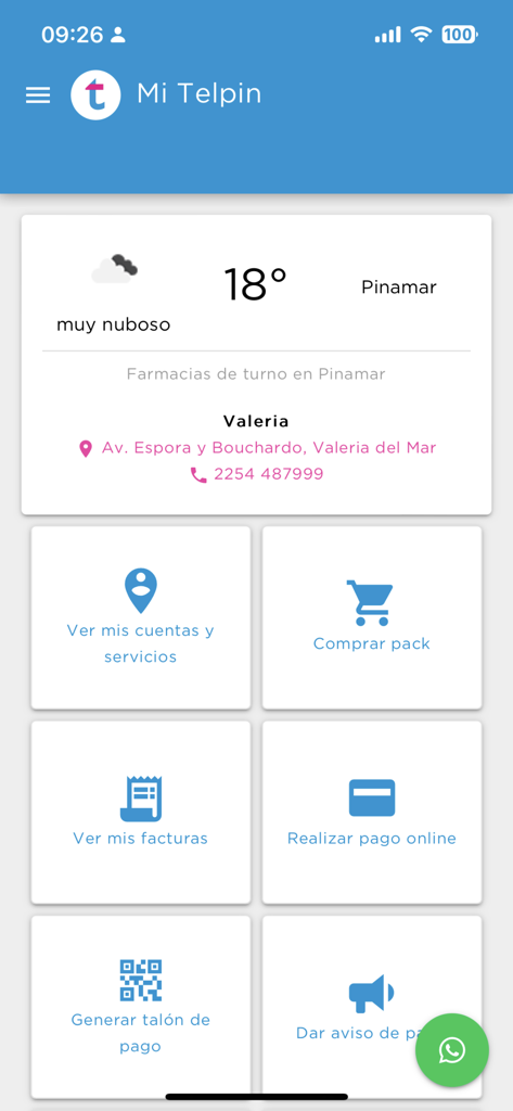 Tableau de bord de l'application mobile Mi Telpin affichant la météo locale et les outils de gestion des services