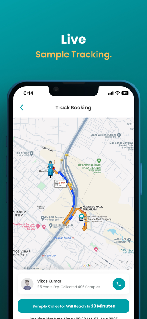 Interfaz de la aplicación móvil que muestra el seguimiento GPS en tiempo real de un recolector de muestras médicas en un mapa con la hora estimada de llegada