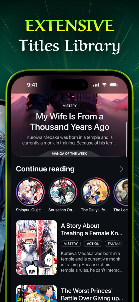 MangUp: Manga Reader App - MangUp app interface showing the extensive manga library with featured titles and reading progress