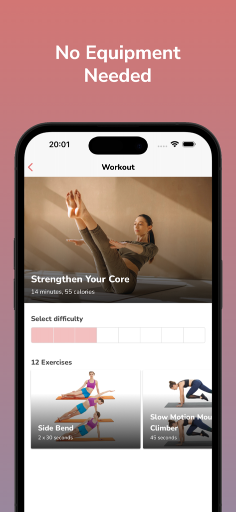 Pilates - Daily Workout - Pantalla de la aplicación que muestra un entrenamiento de Pilates para fortalecer el abdomen con una lista de ejercicios.
