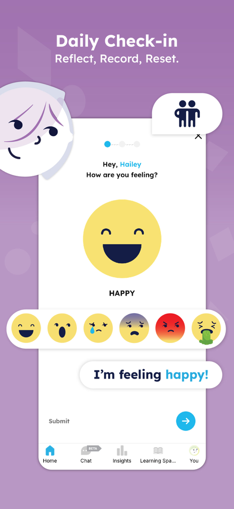 Zoala - Zoala app daily check in interface showing a selection of mood emojis with a happy face selected
