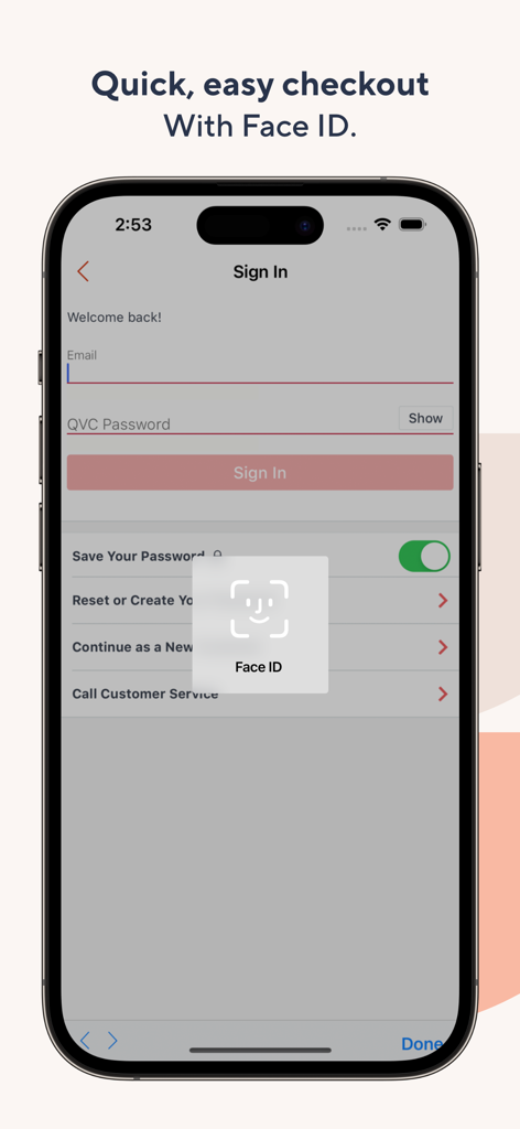 QVC Mobile Shopping (US) - QVCモバイルショッピングアプリのサインイン画面に、迅速なチェックアウトのためのFace IDが表示される