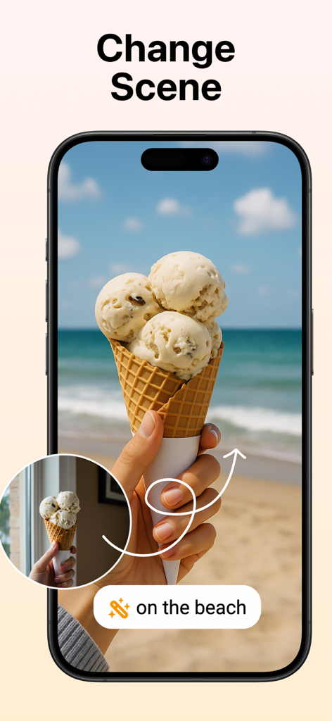 A mobile app showing an AI feature that changes an ice cream cone background from a window view to a tropical beach scene.