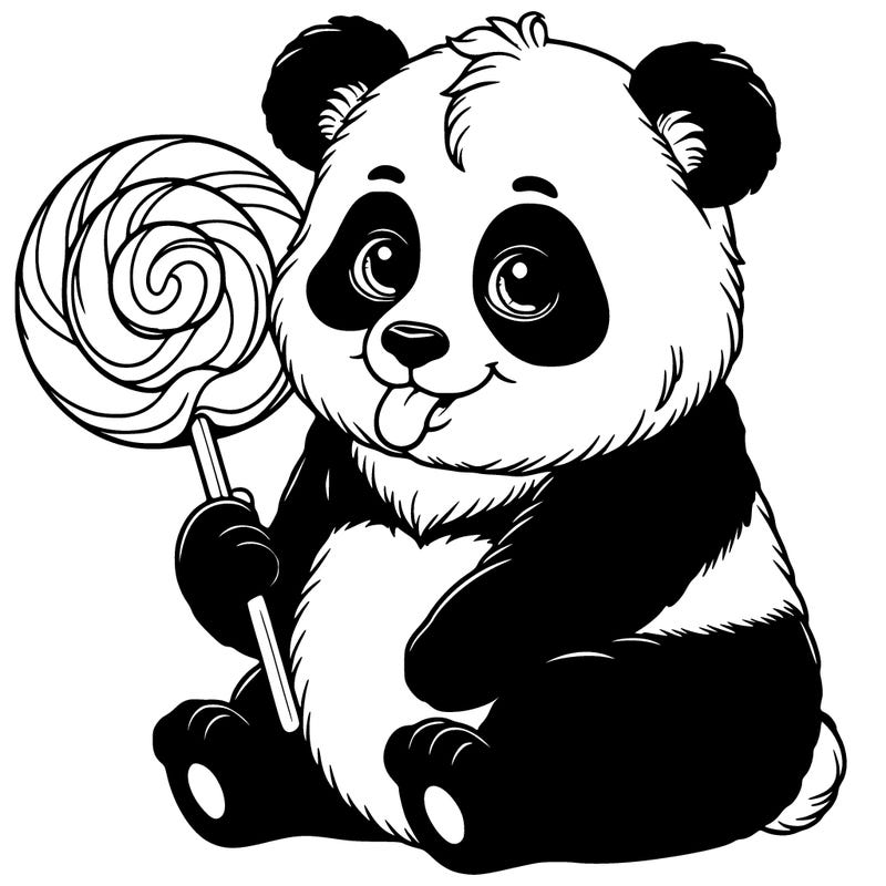 a realistic panda eating a lollipop