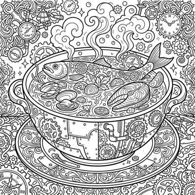 Embark on a culinary and mechanical coloring adventure with this unique Steampunk Fish Soup design. This intricate page blends savory flavors with fascinating gears and Victorian charm, offering a truly engaging coloring experience.