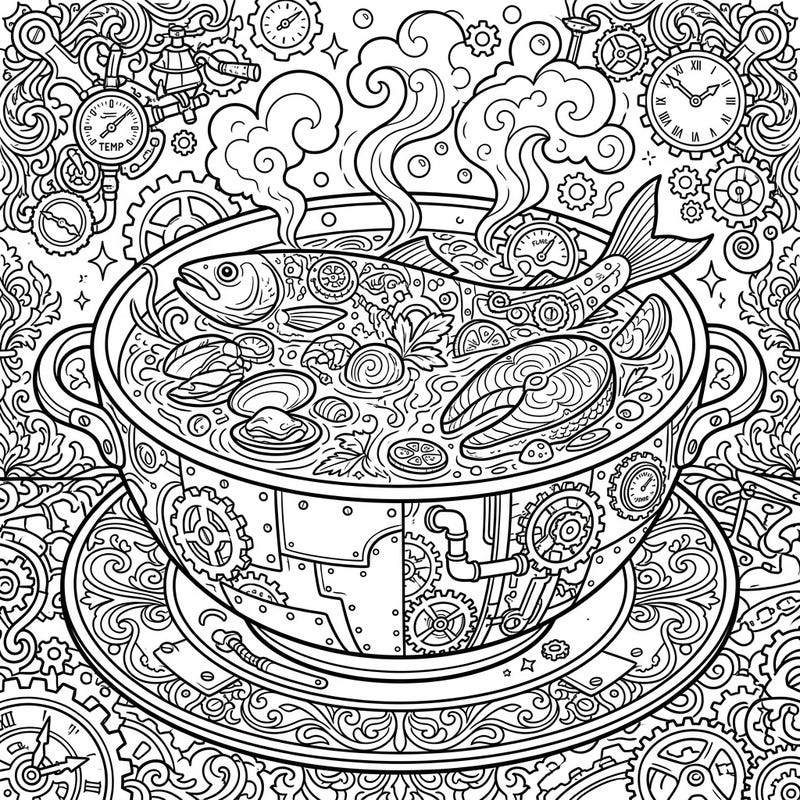 Embark on a culinary and mechanical coloring adventure with this unique Steampunk Fish Soup design. This intricate page blends savory flavors with fascinating gears and Victorian charm, offering a truly engaging coloring experience.