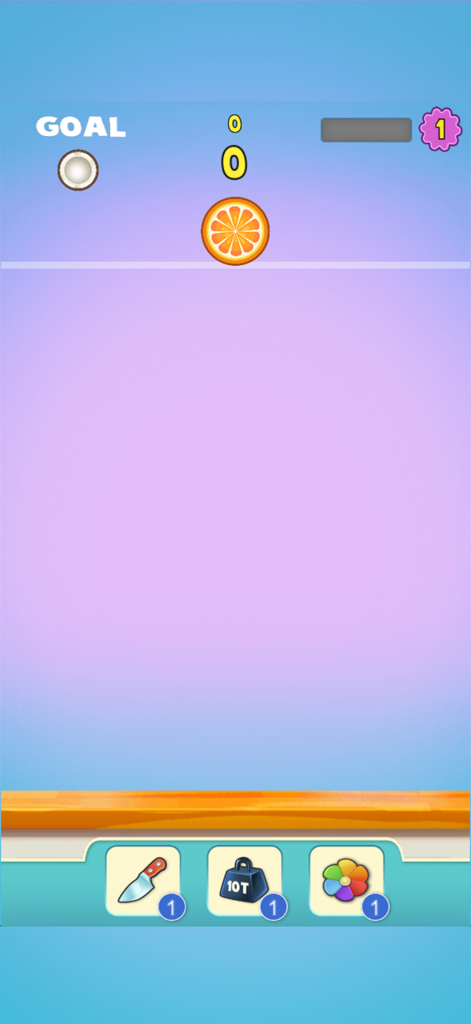 100 Merge Melons - Gameplay screen of 100 Merge Melons showing an orange slice ready to be dropped and power up icons at the bottom.