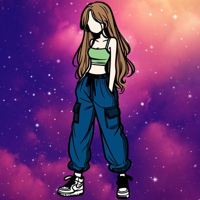 girl in baggy pants crop top and long hair