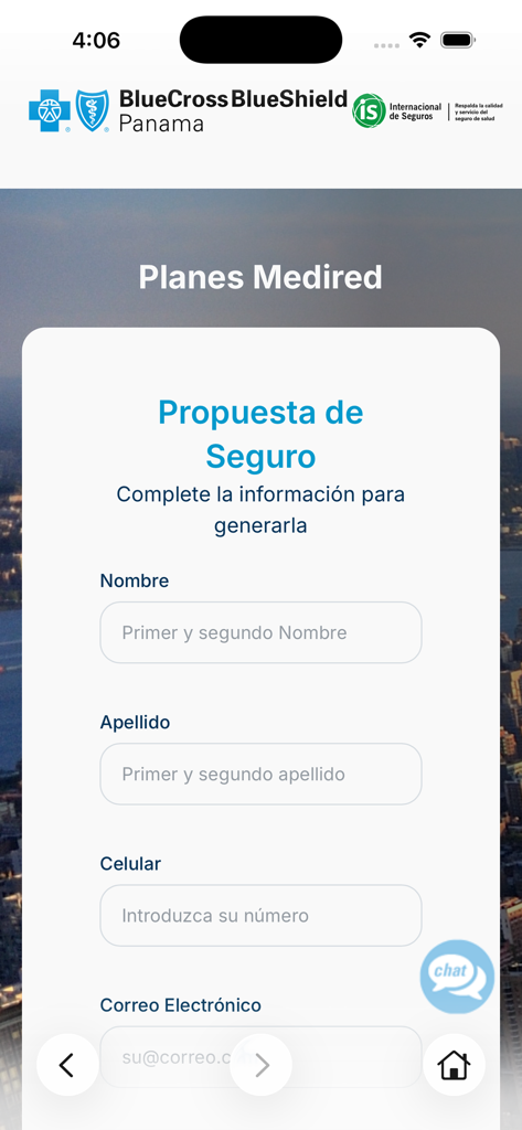 BlueCross BlueShield Panama - Insurance proposal form in the BlueCross BlueShield Panama app for Medired plans