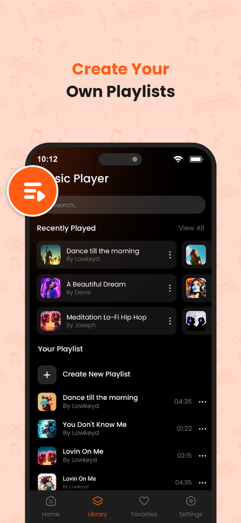 Interfaz de una aplicación de reproductor de música que muestra la pantalla de biblioteca con opciones para crear y gestionar listas de reproducción