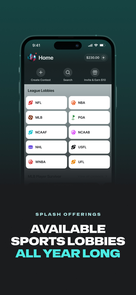 Splash Sports | Survivor & DFS - Splash Sports mobile app home screen showing available sports league lobbies for NFL NBA and MLB