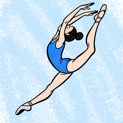 gymnast doing a leap in a leotard with a bent back leg