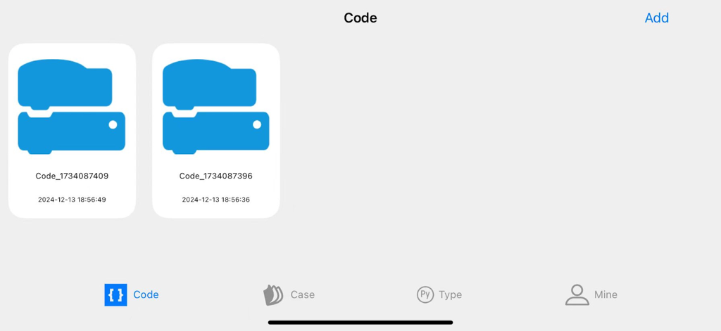 TypeCode - TypeCode app project dashboard showing saved visual programming projects with blue block icons