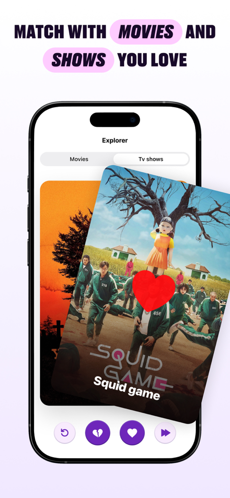 Interface de l'application OneMovie montrant une fonction de glissement pour correspondre aux films et aux séries.
