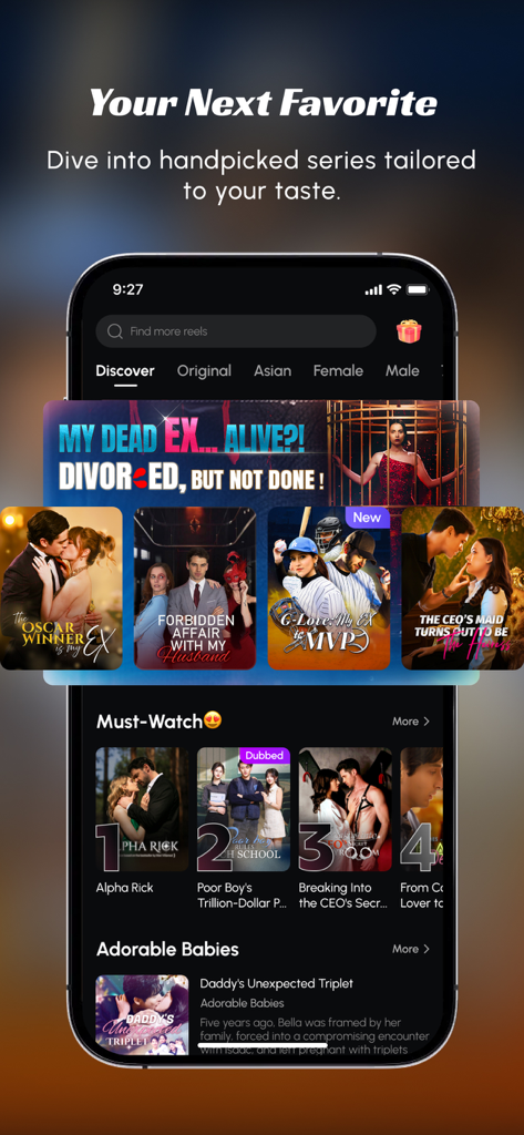 A mobile phone screen showing the JoyReels app interface with a selection of popular short-form drama series and romantic tropes.