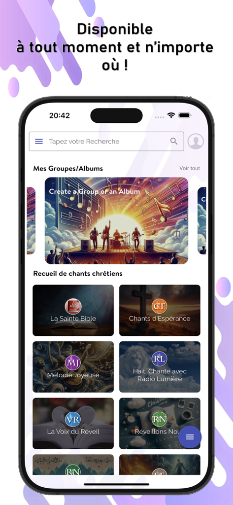 Interface of the Chant d'Esperance app showing various Christian hymn collections and a search bar for lyrics.