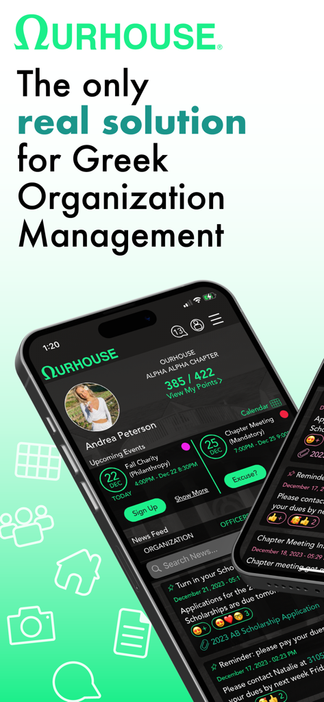 OurHouse - OurHouseモバイルアプリのインターフェース。ポイント追跡と、ソロリティまたはフラタニティの今後のチャプターイベントが表示されたメンバーダッシュボードを示しています。