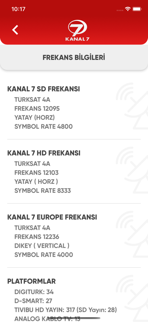 Kanal7 - Satellite broadcast frequency and platform information in the Kanal 7 app