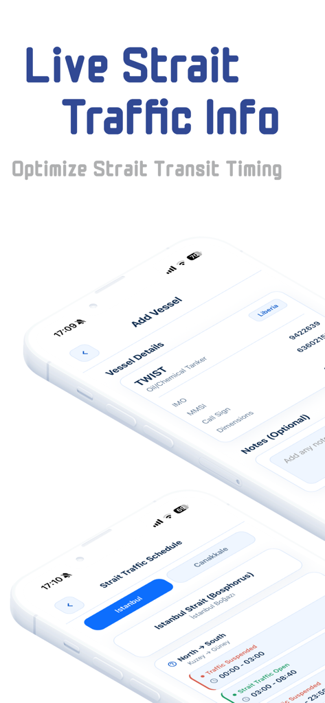 GetMarine App-Oberfläche, die Live-Meerengen-Verkehrspläne und Schiffstracking-Details auf einem Smartphone zeigt