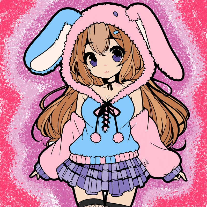 pretty anime girl wearing a fluffy hoodie with bunny ears on the hood and a skirt