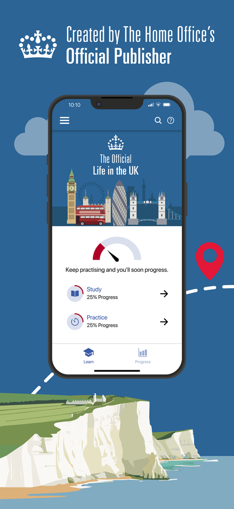 Dashboard dell'app ufficiale del Test Life in the UK che mostra sezioni di progresso di studio e pratica