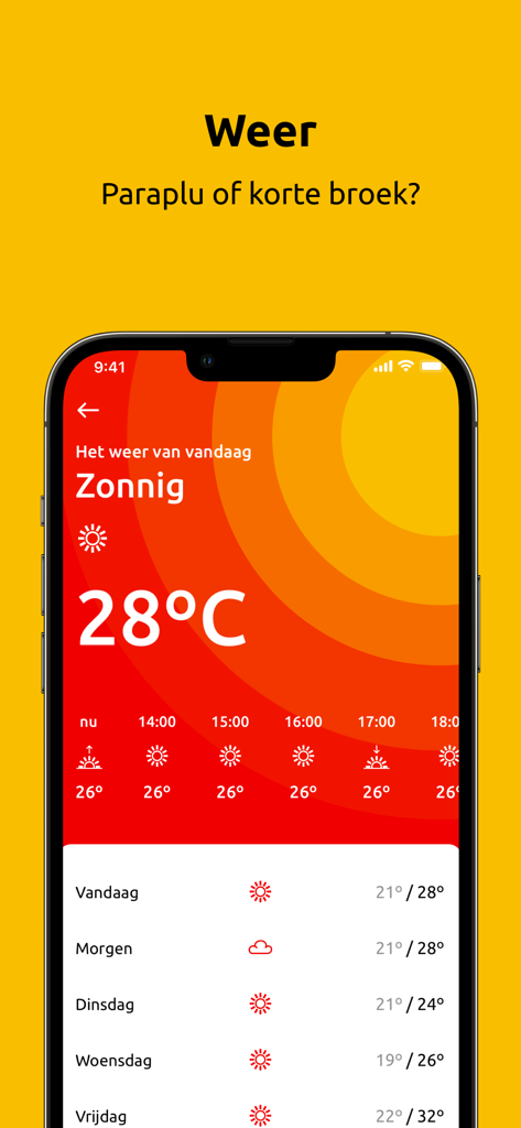 Omroep Brabant - Omroep Brabantアプリの天気予報画面。晴れの日で気温は28度です。