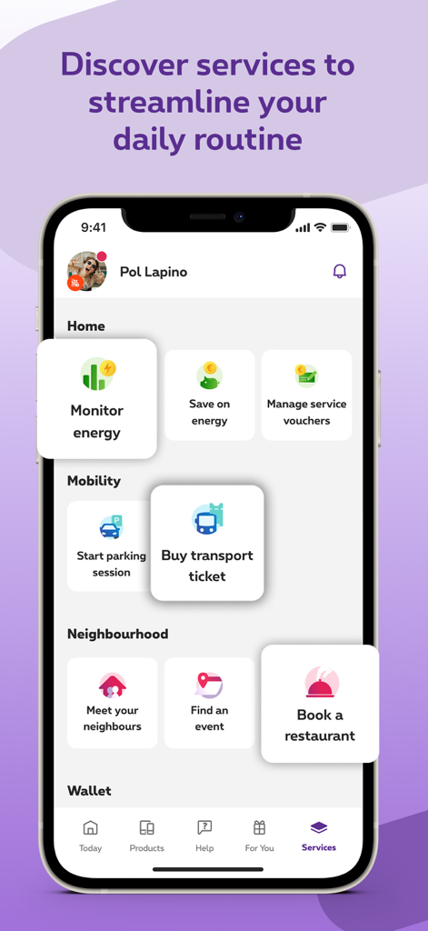 Proximus plus app interface showing mobility energy and lifestyle services