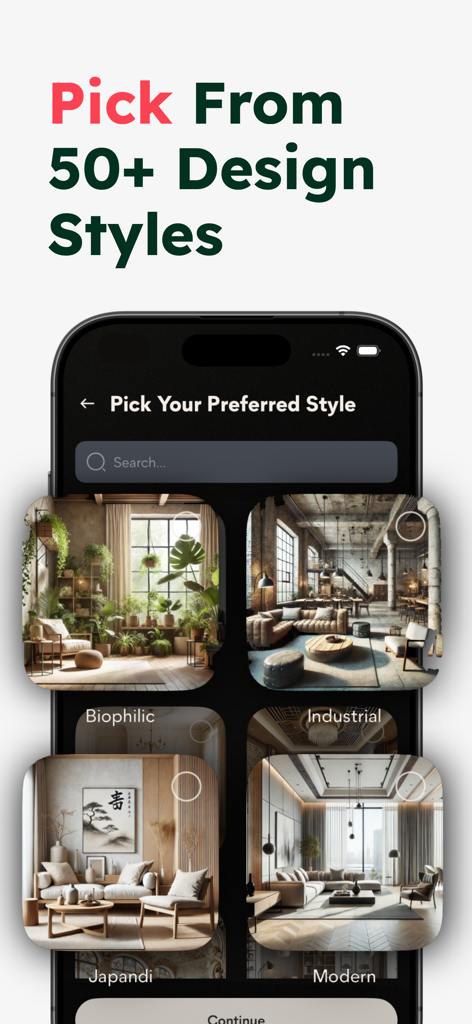 Restyle AI - Home Design - Mobile app screen showing a selection of over fifty interior design styles including Biophilic and Industrial