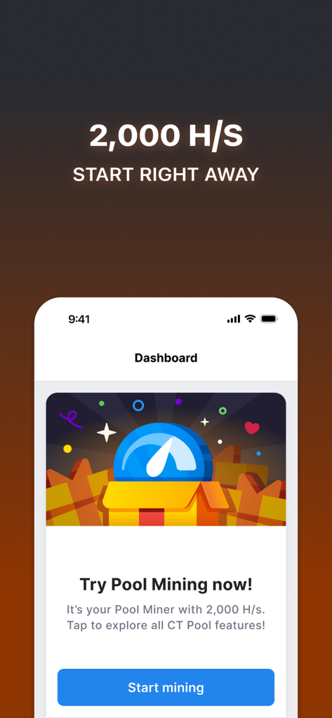 CT Pool app dashboard interface with a Start Mining button and 2000 H/s speed indicator.