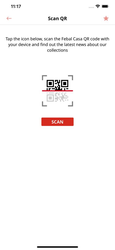 Febal Casa App-Bildschirm zum Scannen von QR-Codes, um Neuigkeiten zu Möbelkollektionen zu entdecken