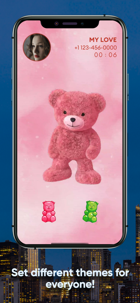 NewCall - Flash Call & SMS - A customized iPhone call screen with a pink teddy bear theme and gummy bear icons.