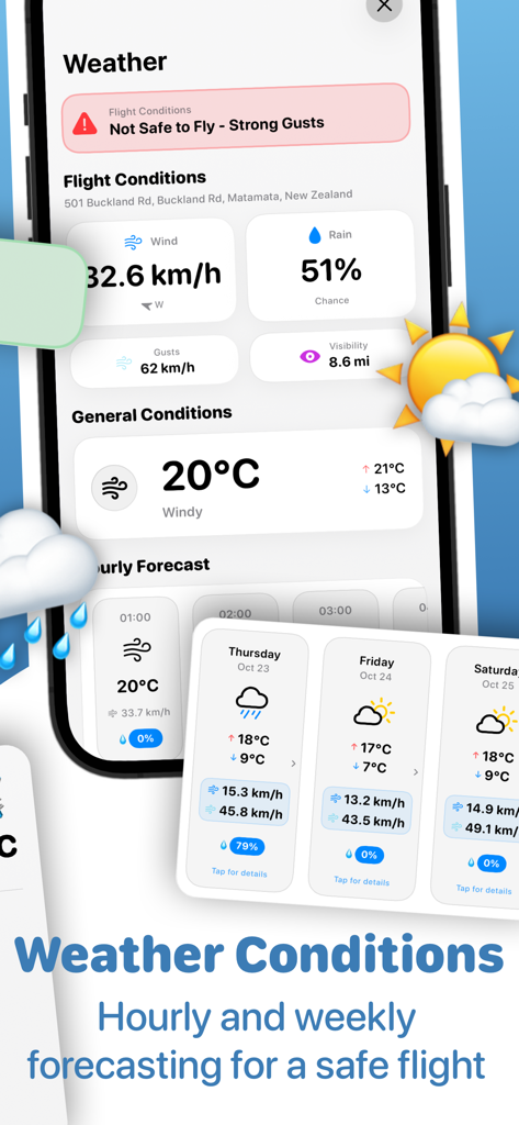 Condizioni meteorologiche e allerte di sicurezza per voli di droni sull'app Drone Map