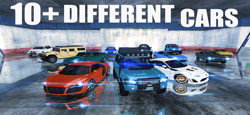 Mr Driving - Car Drive Parking - A garage showcasing more than 10 different sports cars and SUVs available in the Mr Driving app.