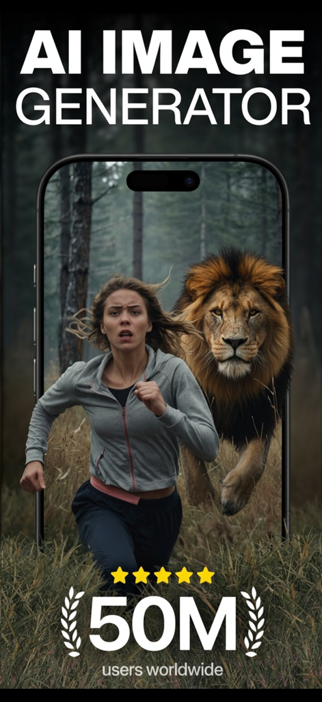 Photo Editor AI - Image Edit - AI image generator app showing a woman running from a lion on a mobile screen