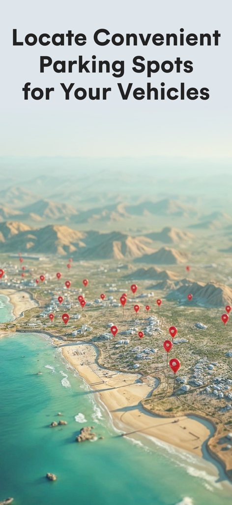 RV Trip Co-pilot - Un mapa de paisaje costero con pines rojos que indican lugares de estacionamiento convenientes para RVs y vehículos grandes.