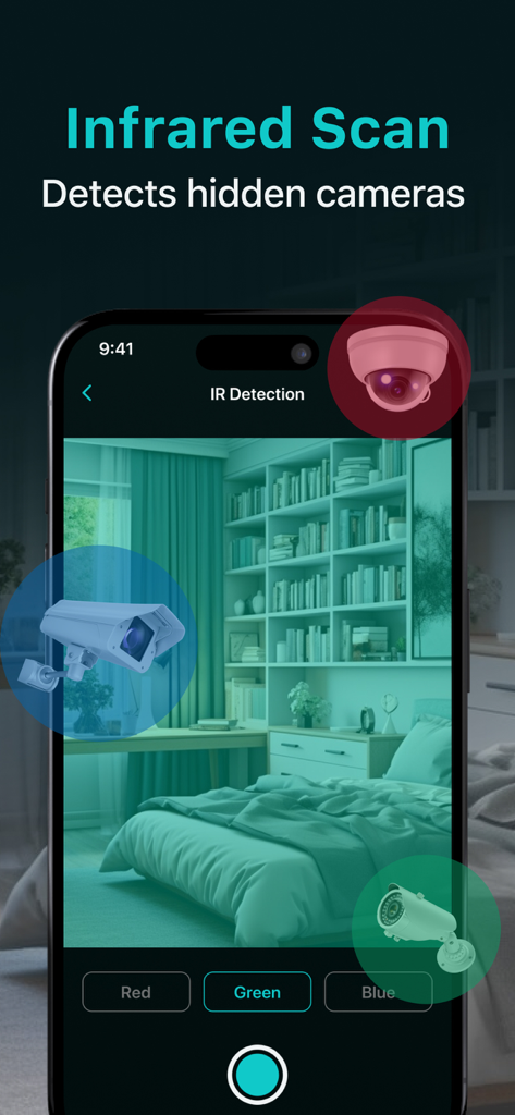 Spy Camera Detector & Scanner - Interface de scan infrarouge de l'application Spy Camera Detector détectant des caméras cachées dans une chambre à coucher.