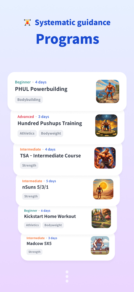 A list of gym workout programs in the RISE app including PHUL Powerbuilding and nSuns 5-3-1