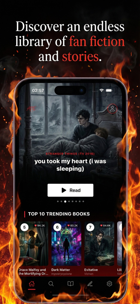 Interfaz de la aplicación AOE que muestra una biblioteca de fanfiction e historias populares