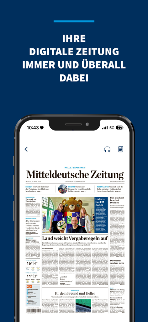 MZ - Application de journal numérique Mitteldeutsche Zeitung affichée sur l'écran d'un smartphone